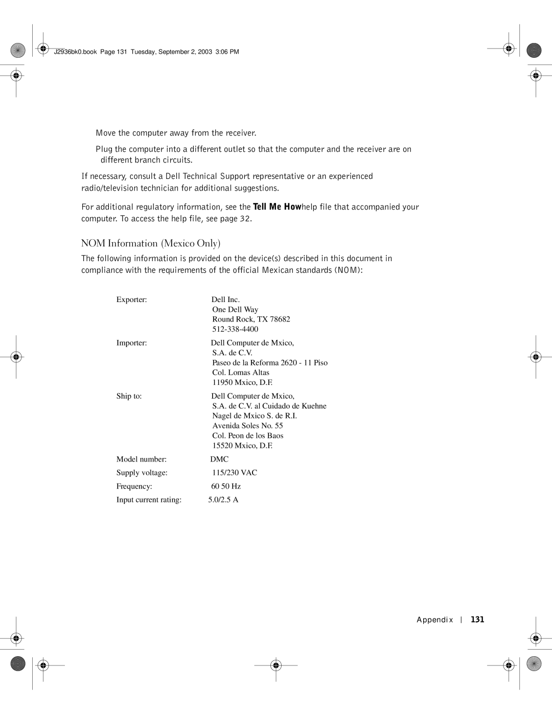 Dell J2936 manual NOM Information Mexico Only, Appendix 131 