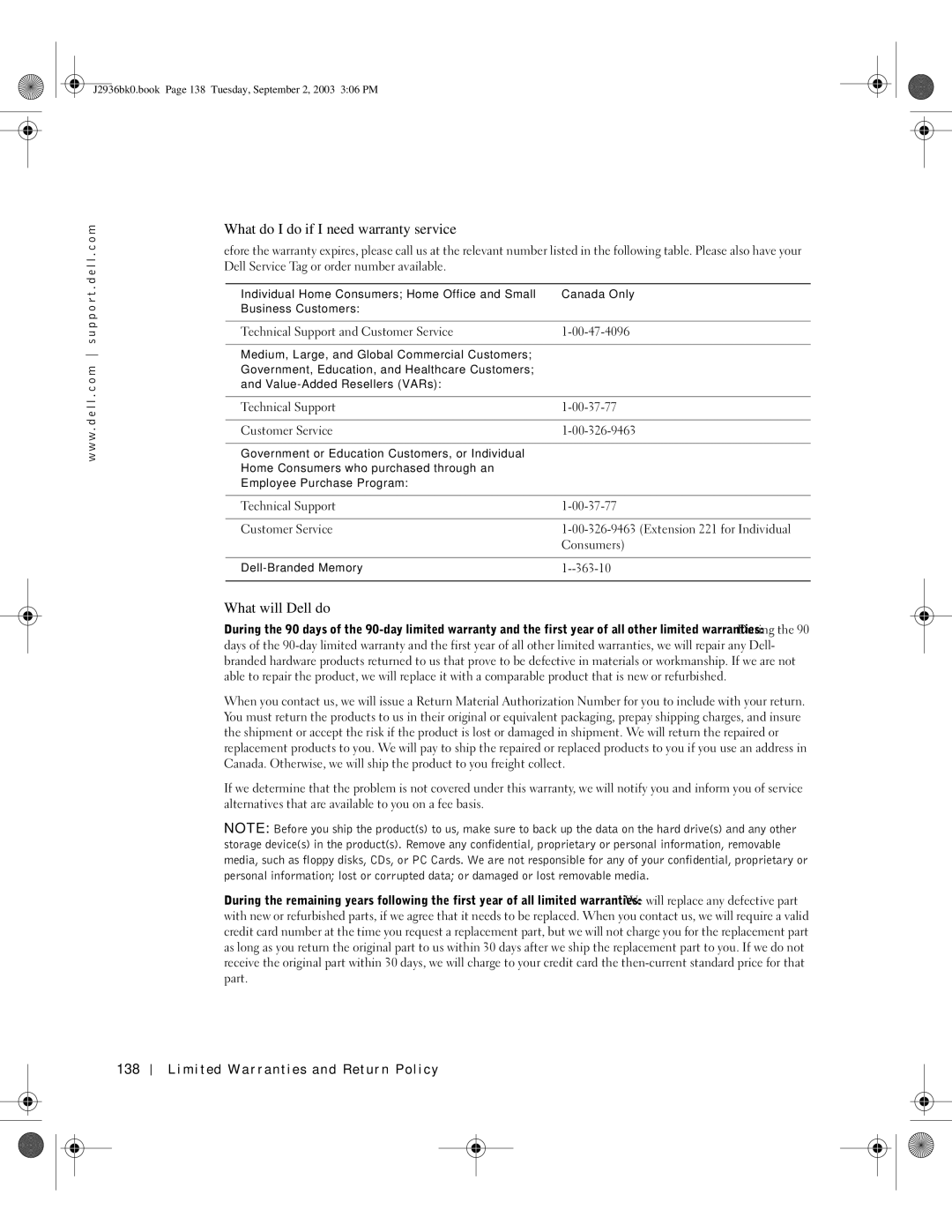 Dell J2936 manual What do I do if I need warranty service?, Limited Warranties and Return Policy 