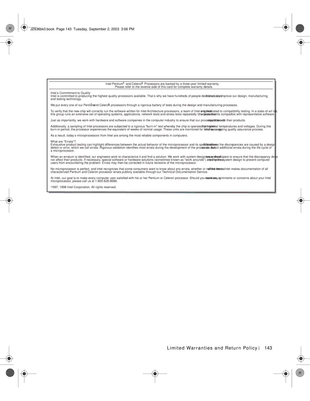 Dell manual Limited Warranties and Return Policy 143, J2936bk0.book Page 143 Tuesday, September 2, 2003 306 PM 