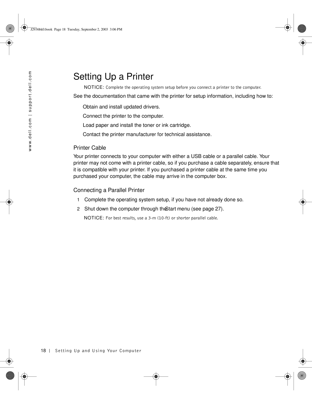 Dell J2936 manual Setting Up a Printer, Printer Cable, Connecting a Parallel Printer, Setting Up and Using Your Computer 