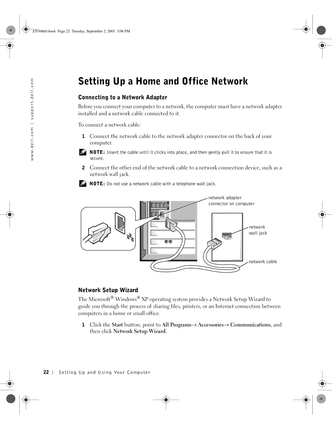 Dell J2936 manual Setting Up a Home and Office Network, Connecting to a Network Adapter, Network Setup Wizard 