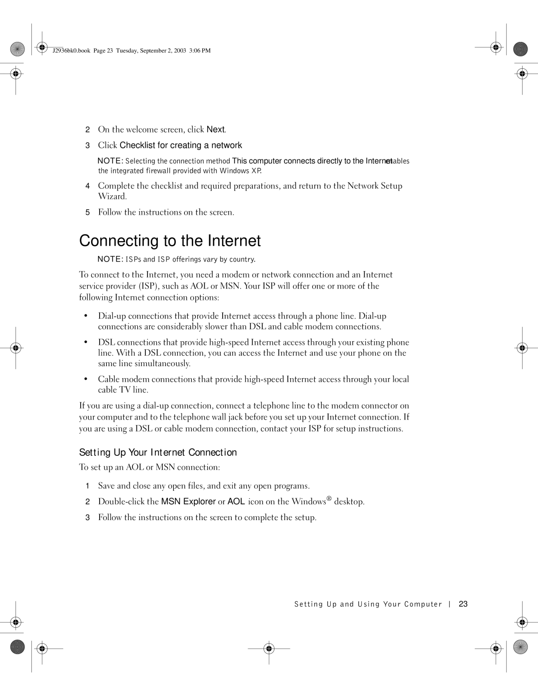 Dell J2936 Connecting to the Internet, Setting Up Your Internet Connection, Integrated firewall provided with Windows XP 