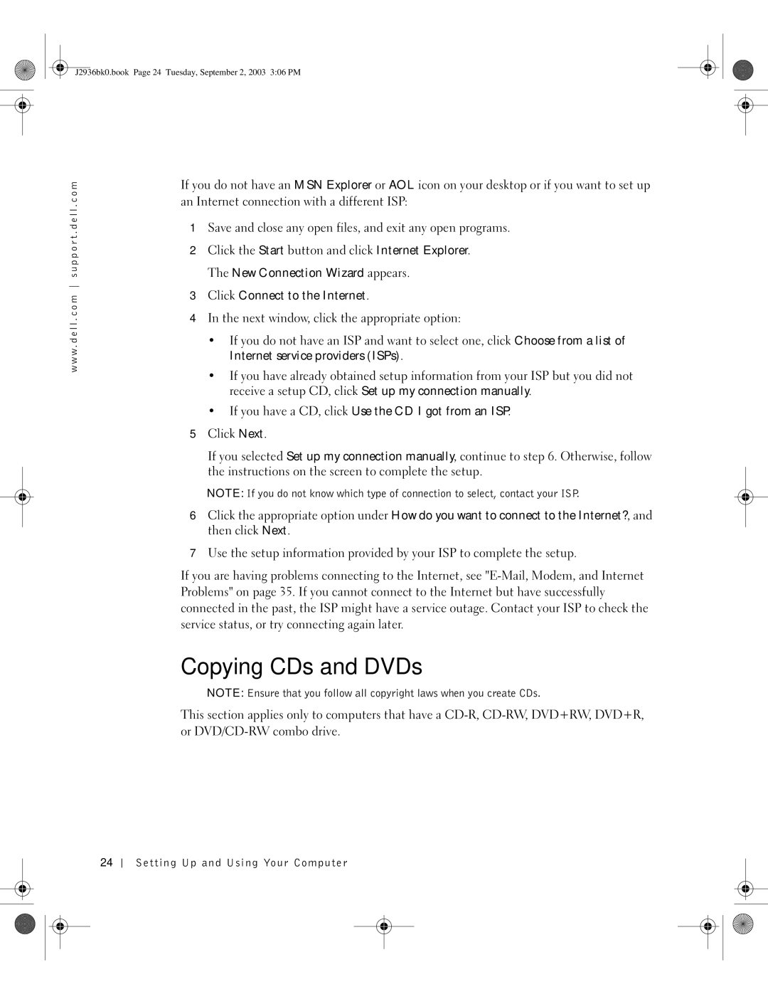 Dell J2936 manual Copying CDs and DVDs 