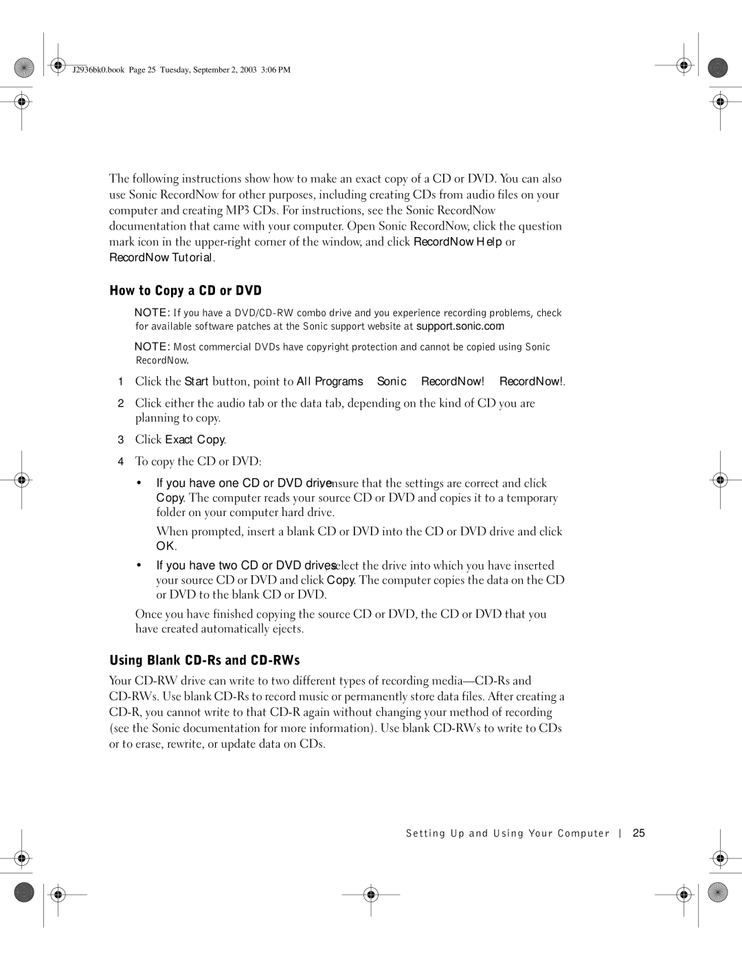 Dell J2936 manual How to Copy a CD or DVD, Using Blank CD-Rs and CD-RWs 