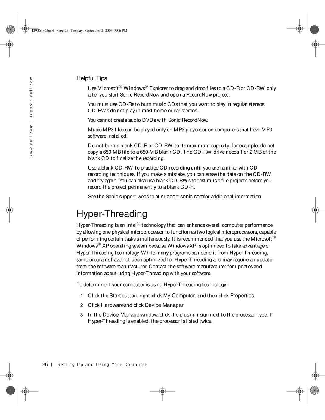 Dell J2936 manual Hyper-Threading, Helpful Tips 