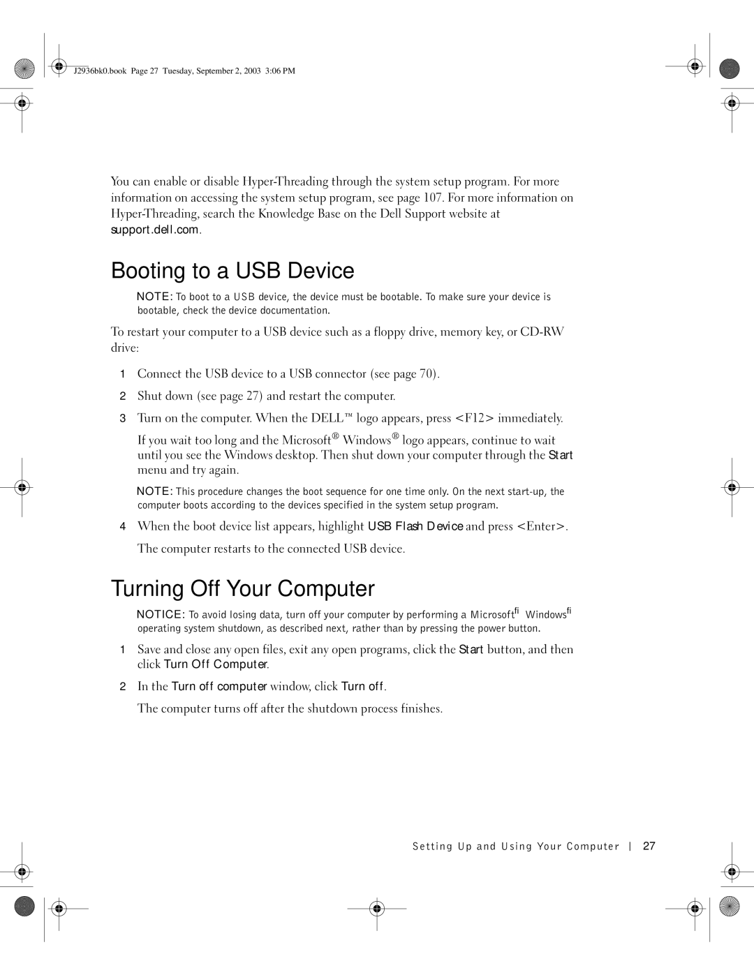 Dell J2936 manual Booting to a USB Device, Turning Off Your Computer 