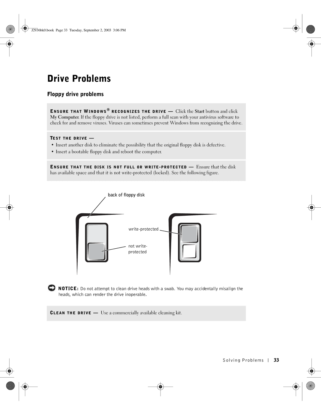 Dell J2936 manual Drive Problems, Floppy drive problems, Back of floppy disk Write-protected Not write- protected 