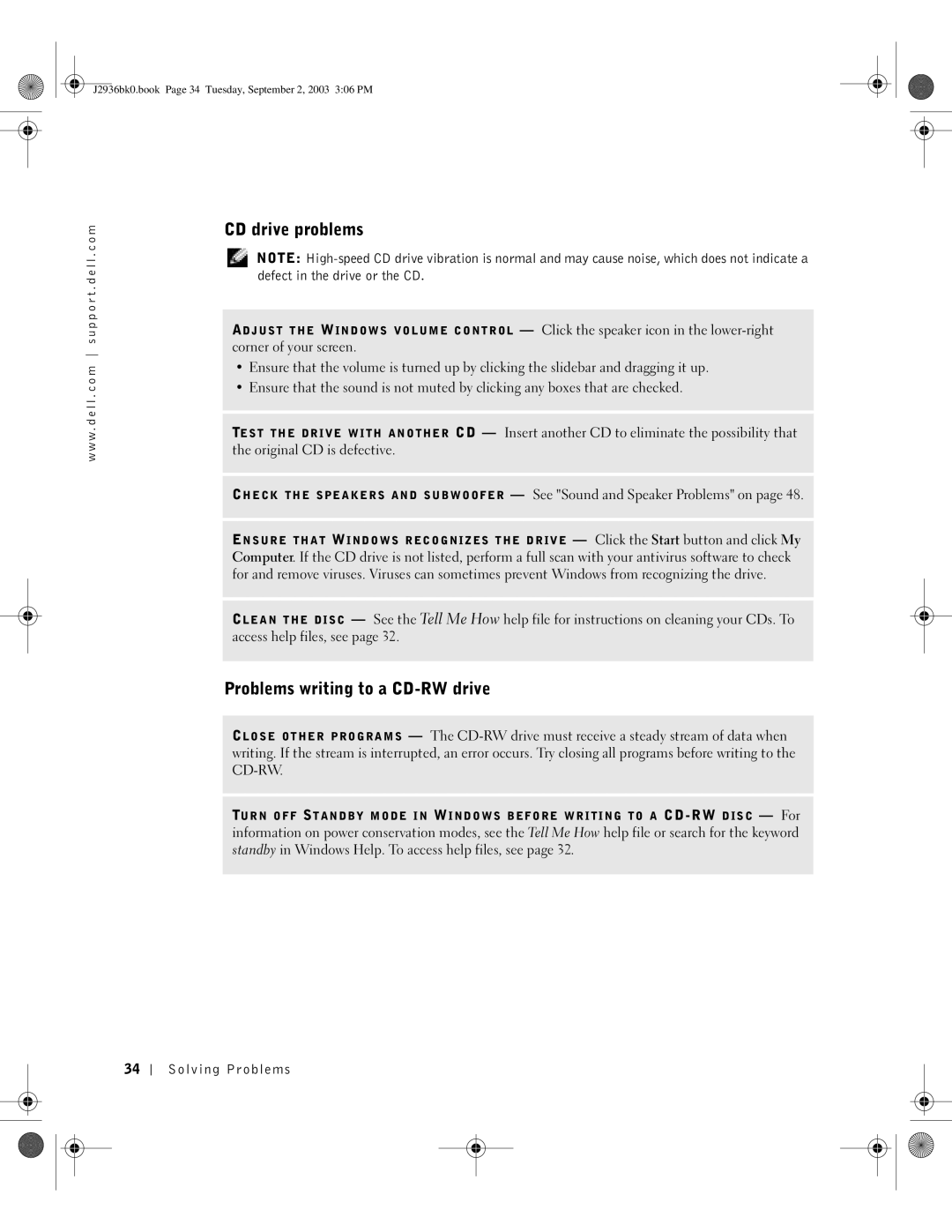 Dell J2936 manual CD drive problems, Problems writing to a CD-RW drive 