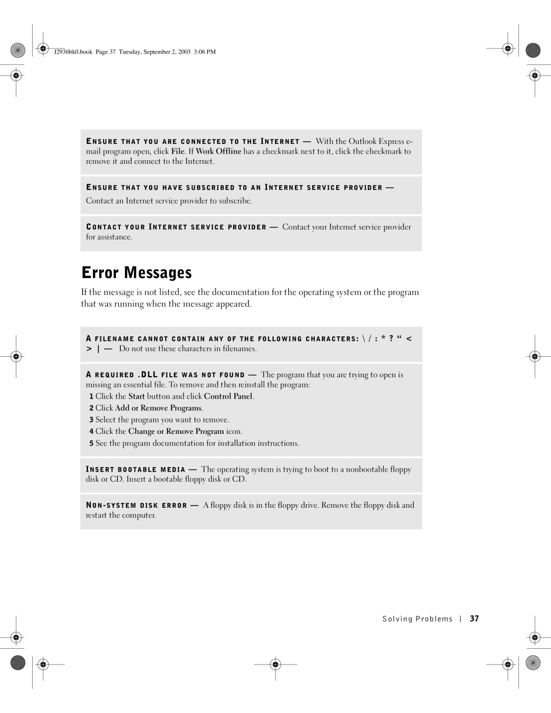 Dell J2936 manual Error Messages 