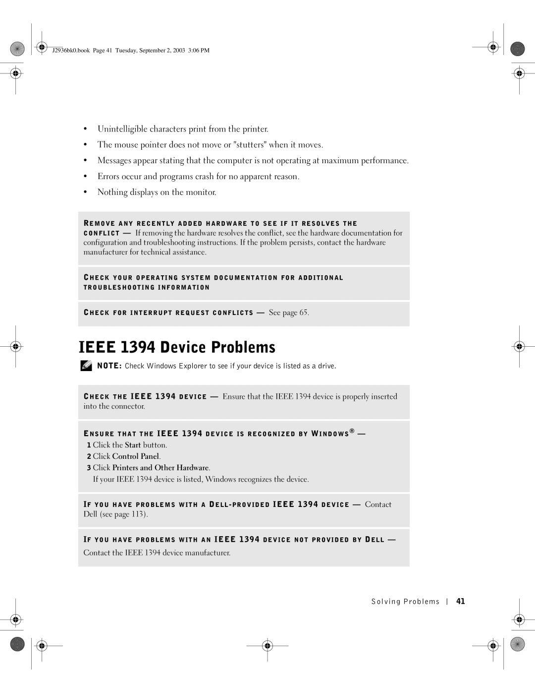 Dell J2936 manual Ieee 1394 Device Problems 