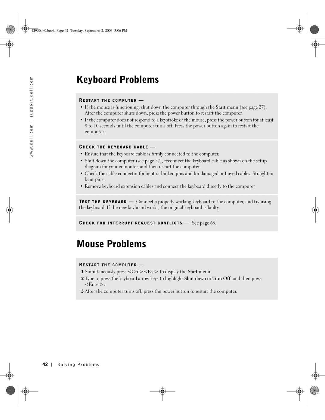 Dell J2936 manual Keyboard Problems, Mouse Problems 