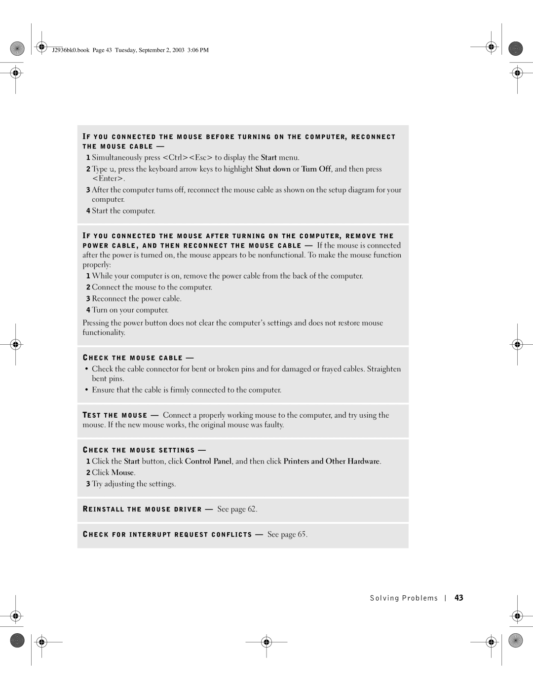 Dell J2936 manual Check the Mouse Cable 