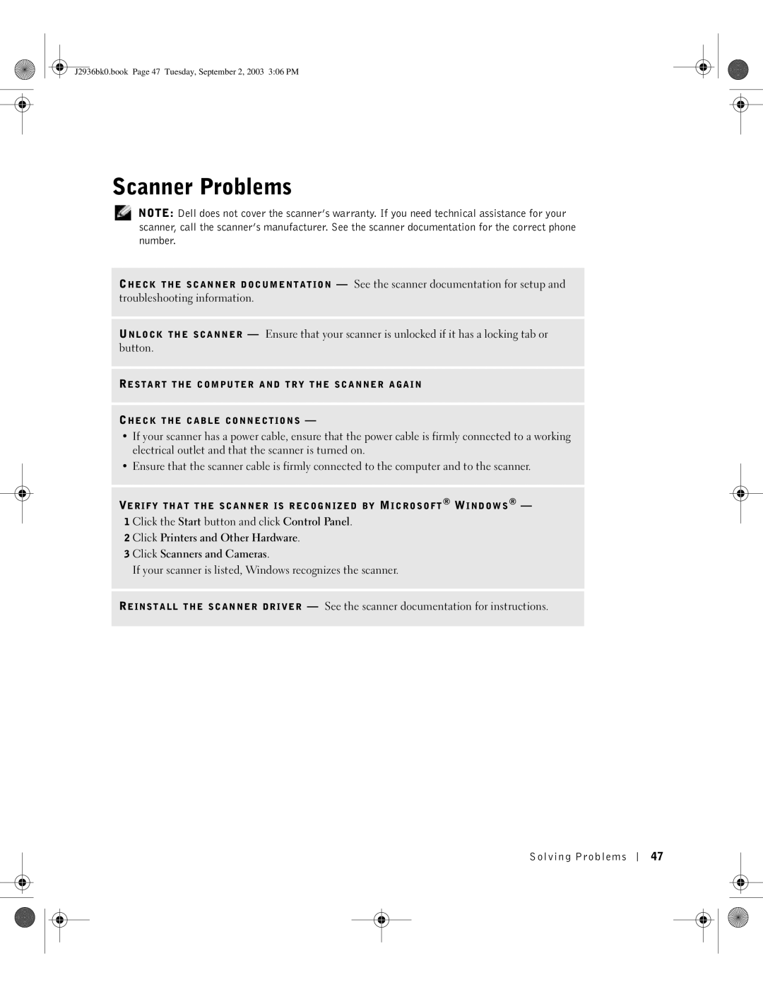 Dell J2936 manual Scanner Problems 