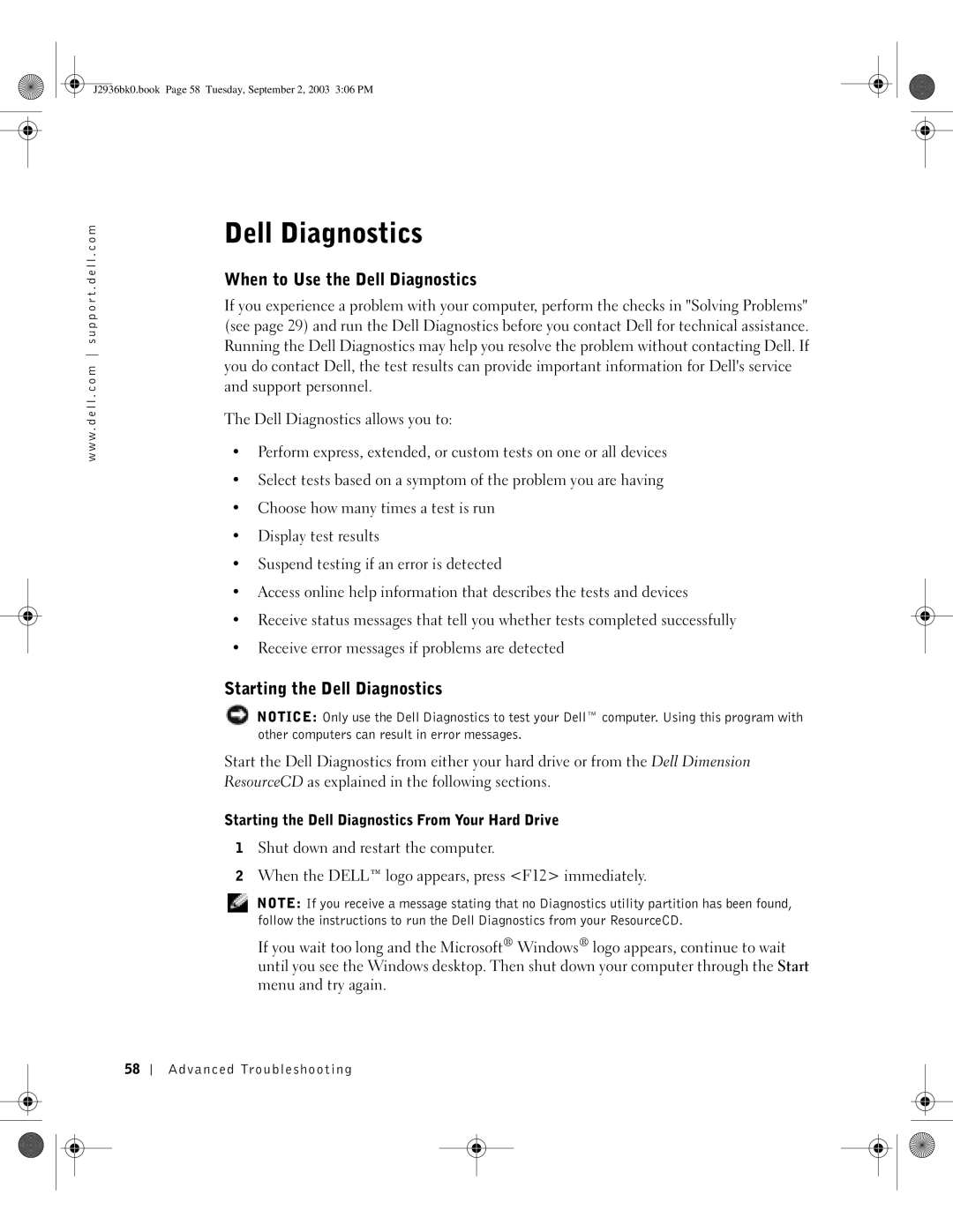 Dell J2936 manual When to Use the Dell Diagnostics, Starting the Dell Diagnostics 