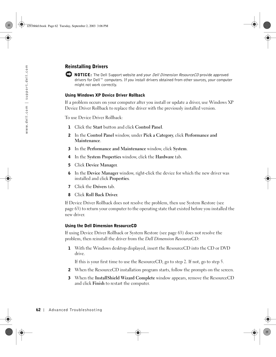 Dell J2936 manual Reinstalling Drivers, Using Windows XP Device Driver Rollback, Using the Dell Dimension ResourceCD 