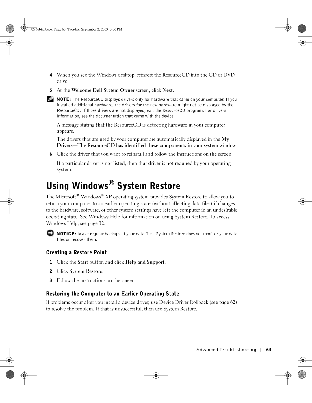 Dell J2936 Using Windows System Restore, Creating a Restore Point, Restoring the Computer to an Earlier Operating State 