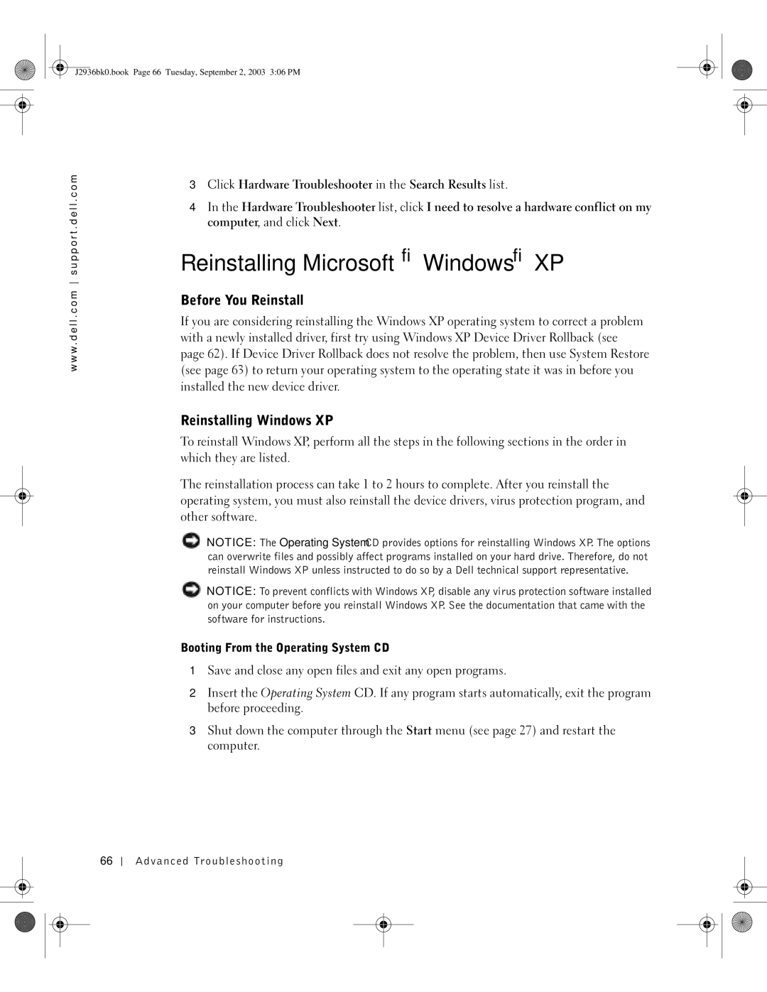 Dell J2936 manual Reinstalling Microsoft Windows XP, Before You Reinstall, Reinstalling Windows XP 