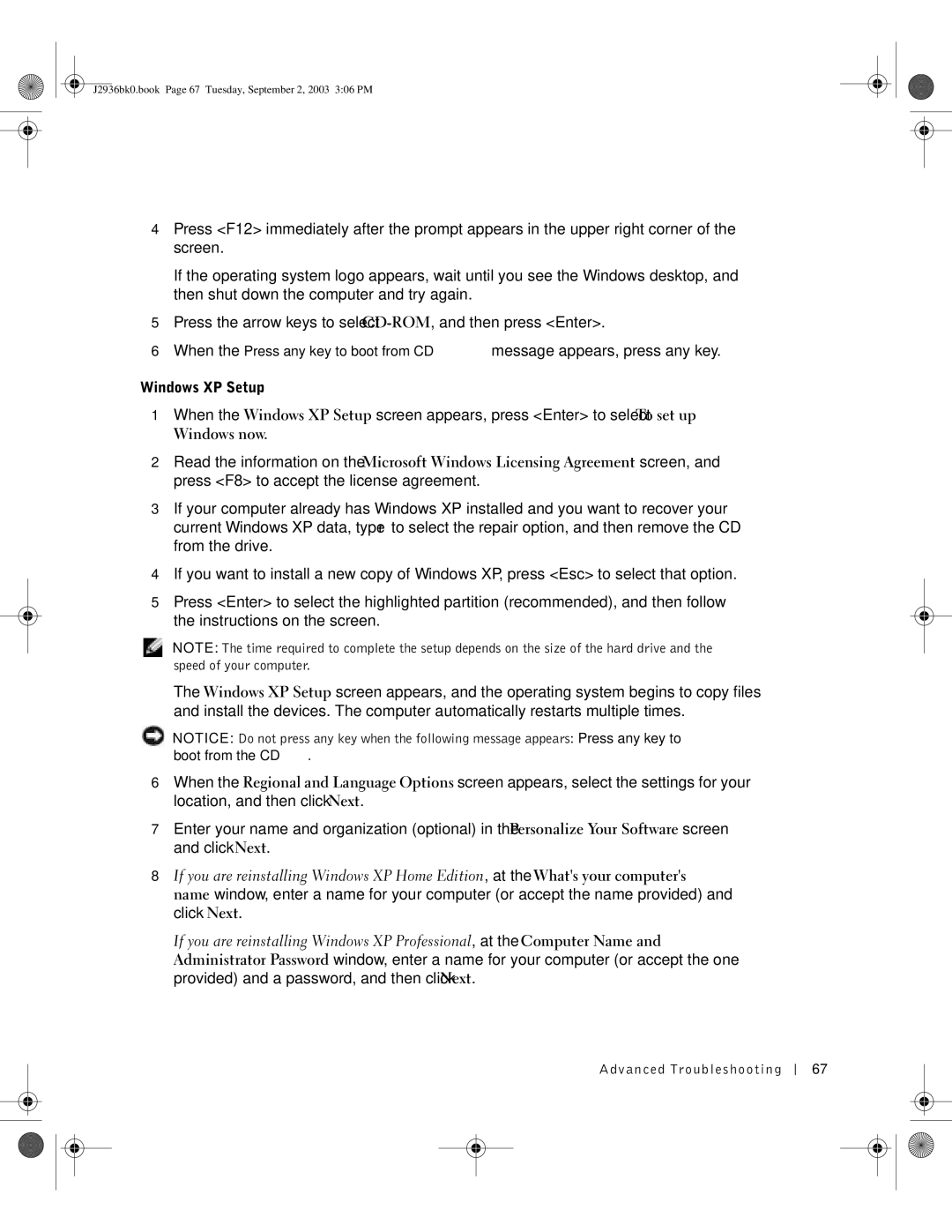 Dell J2936 manual Windows XP Setup 