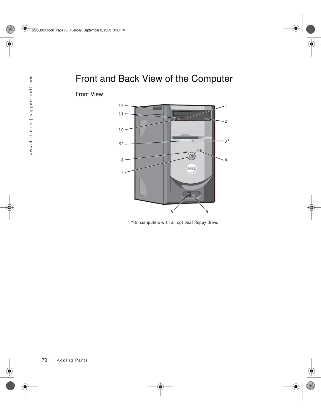 Dell J2936 manual Front and Back View of the Computer, Front View, On computers with an optional floppy drive Adding Parts 