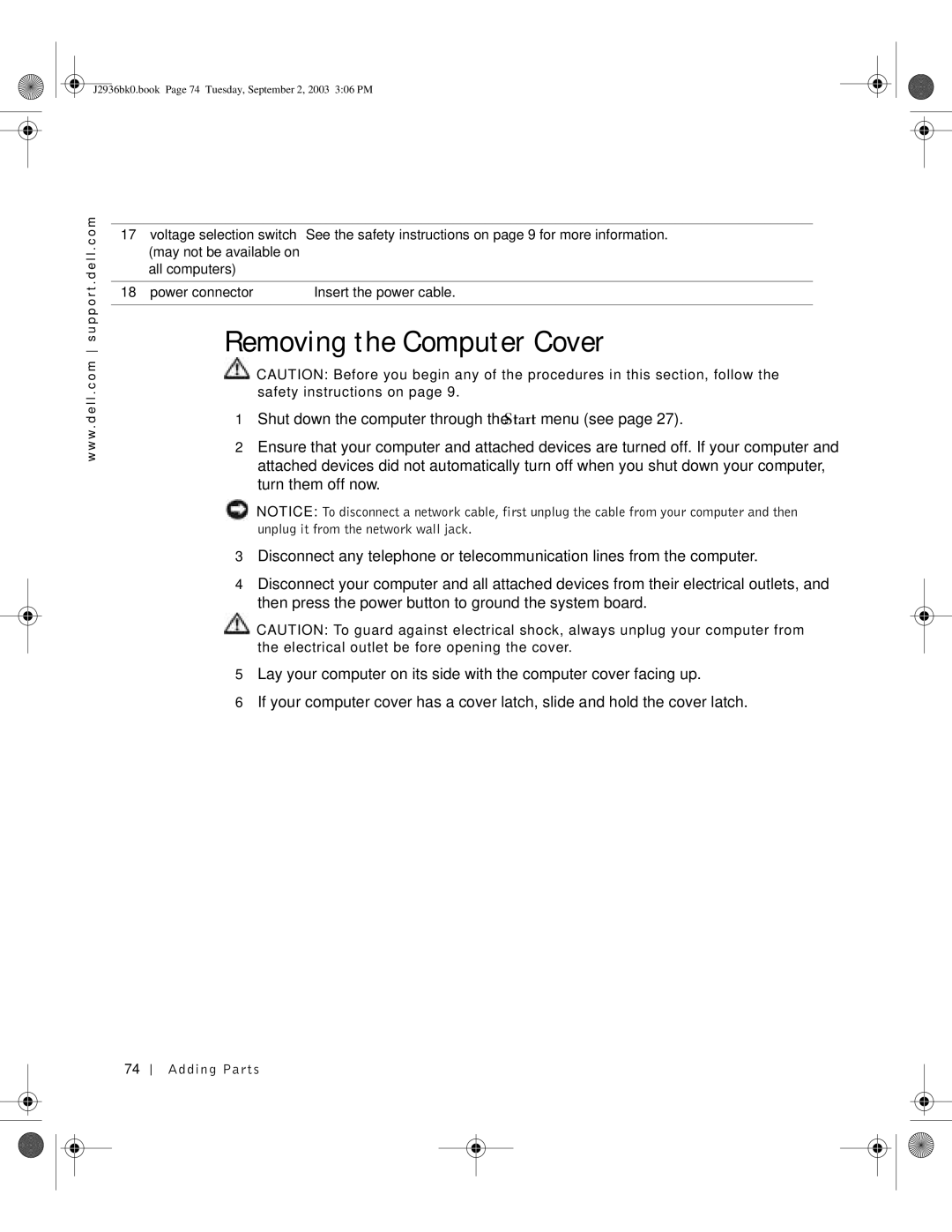 Dell J2936 manual Removing the Computer Cover 