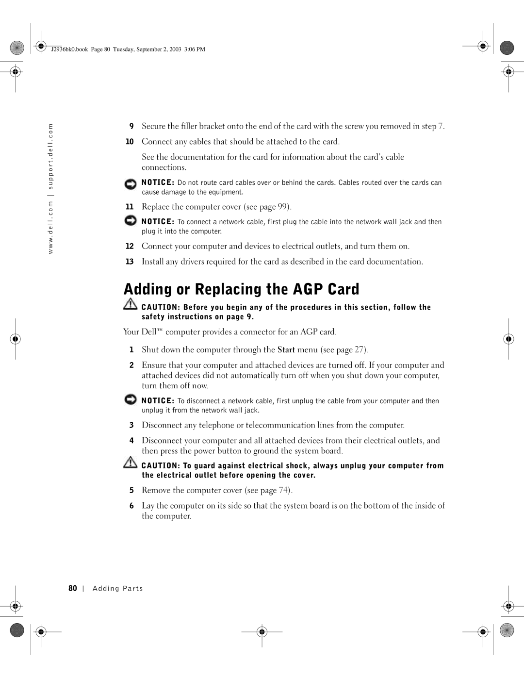 Dell J2936 manual Adding or Replacing the AGP Card 