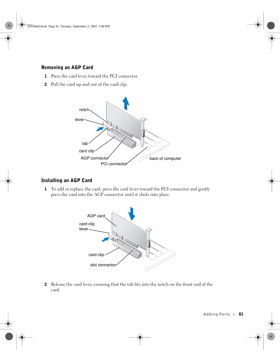 Dell J2936 manual Removing an AGP Card, Installing an AGP Card, Notch Lever Tab Card clip AGP connector, PCI connector 