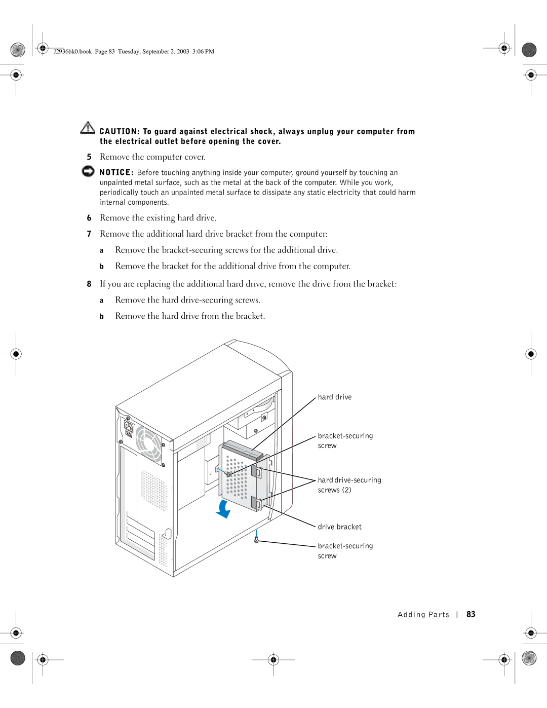 Dell J2936 manual Hard drive, Drive bracket 