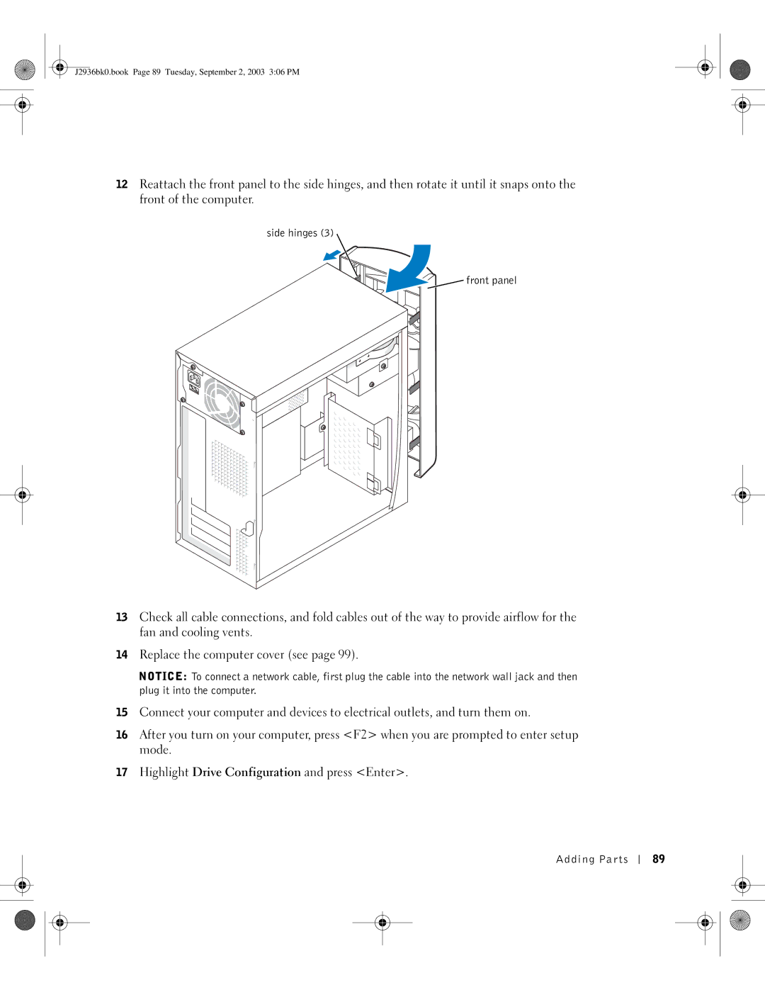 Dell J2936 manual Side hinges Front panel 