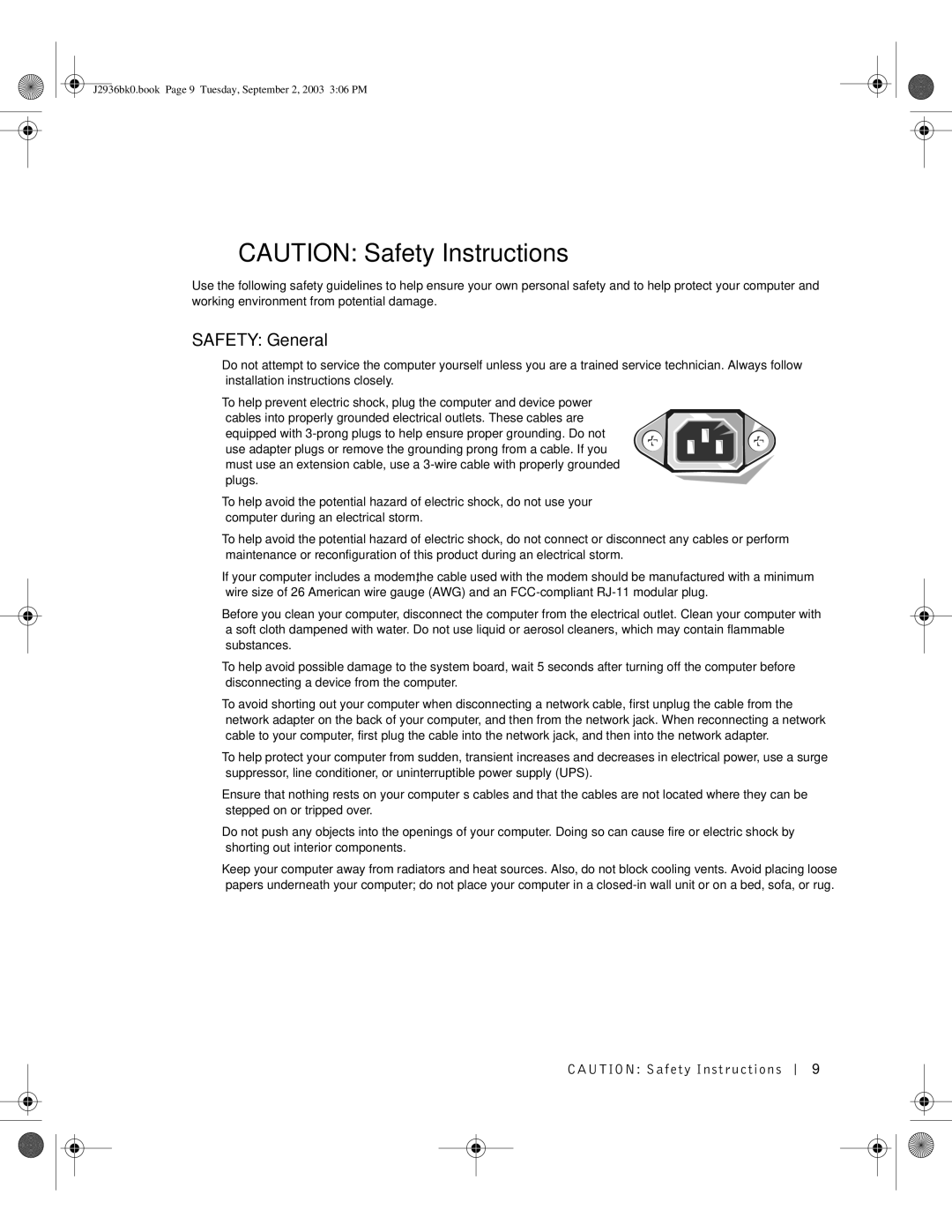 Dell J2936 manual Safety General 