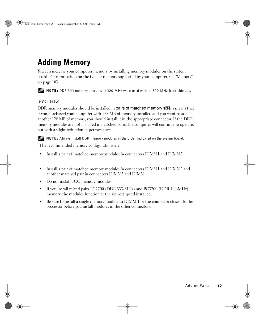 Dell J2936 manual Adding Memory, DDR Memory Overview 