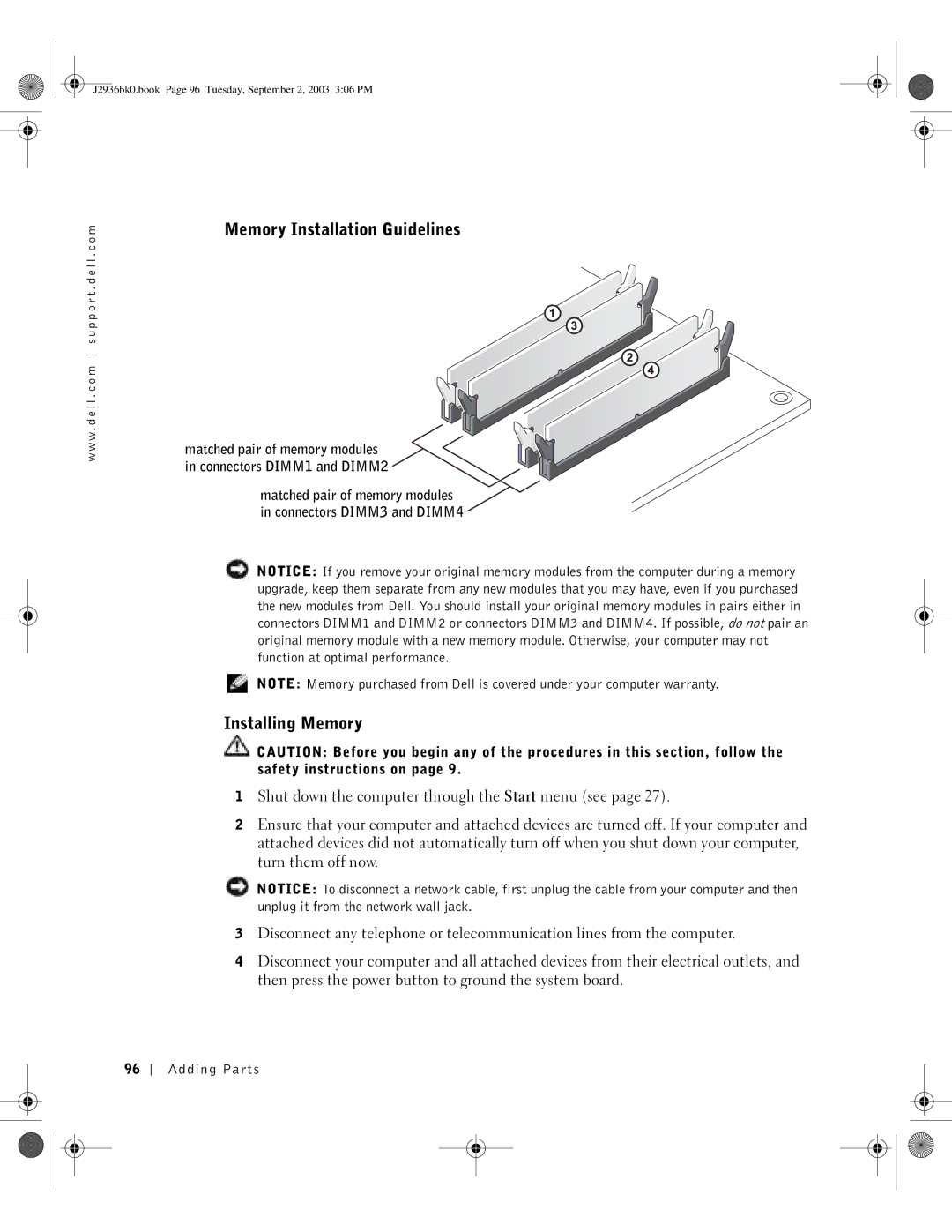 Dell J2936 manual Memory Installation Guidelines, Installing Memory 