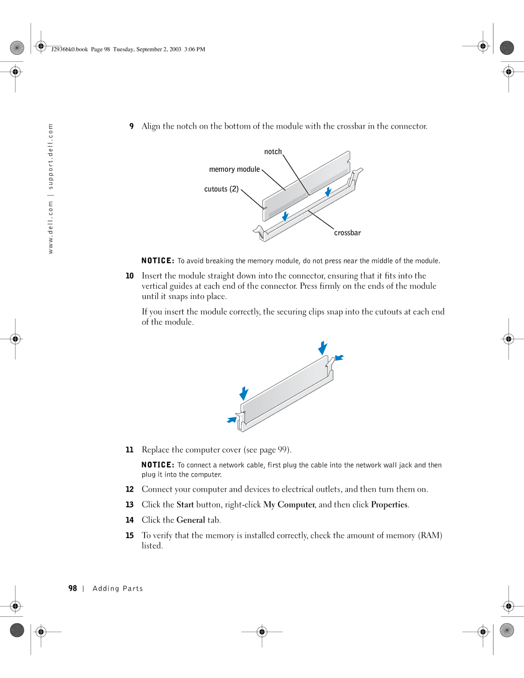 Dell J2936 manual Notch Memory module Cutouts Crossbar 