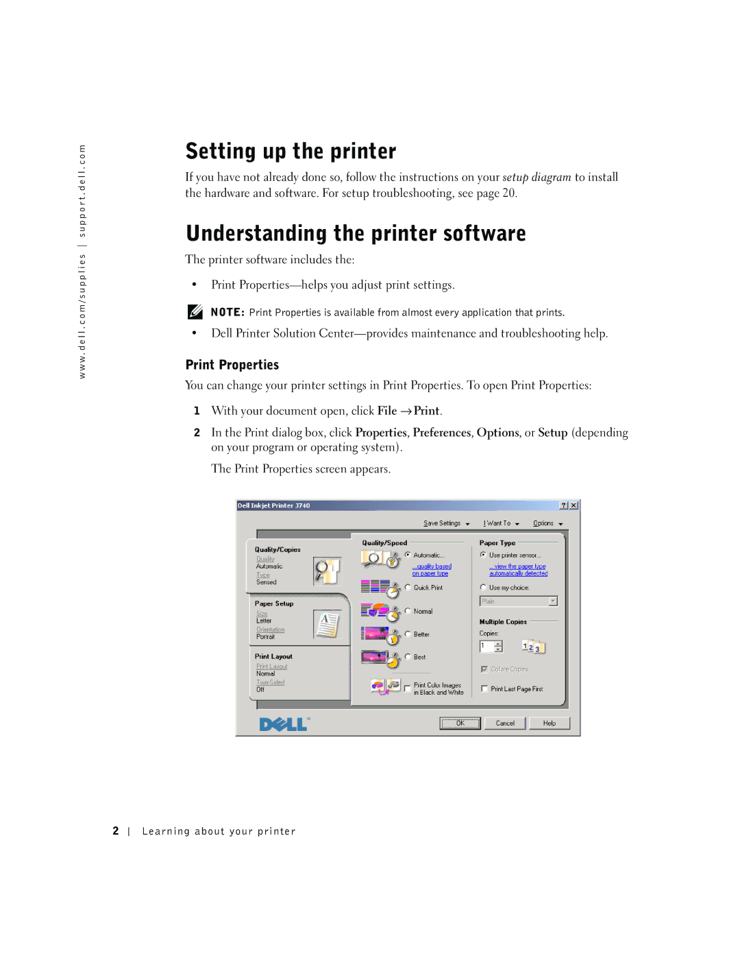 Dell J740 owner manual Setting up the printer, Understanding the printer software, Print Properties 