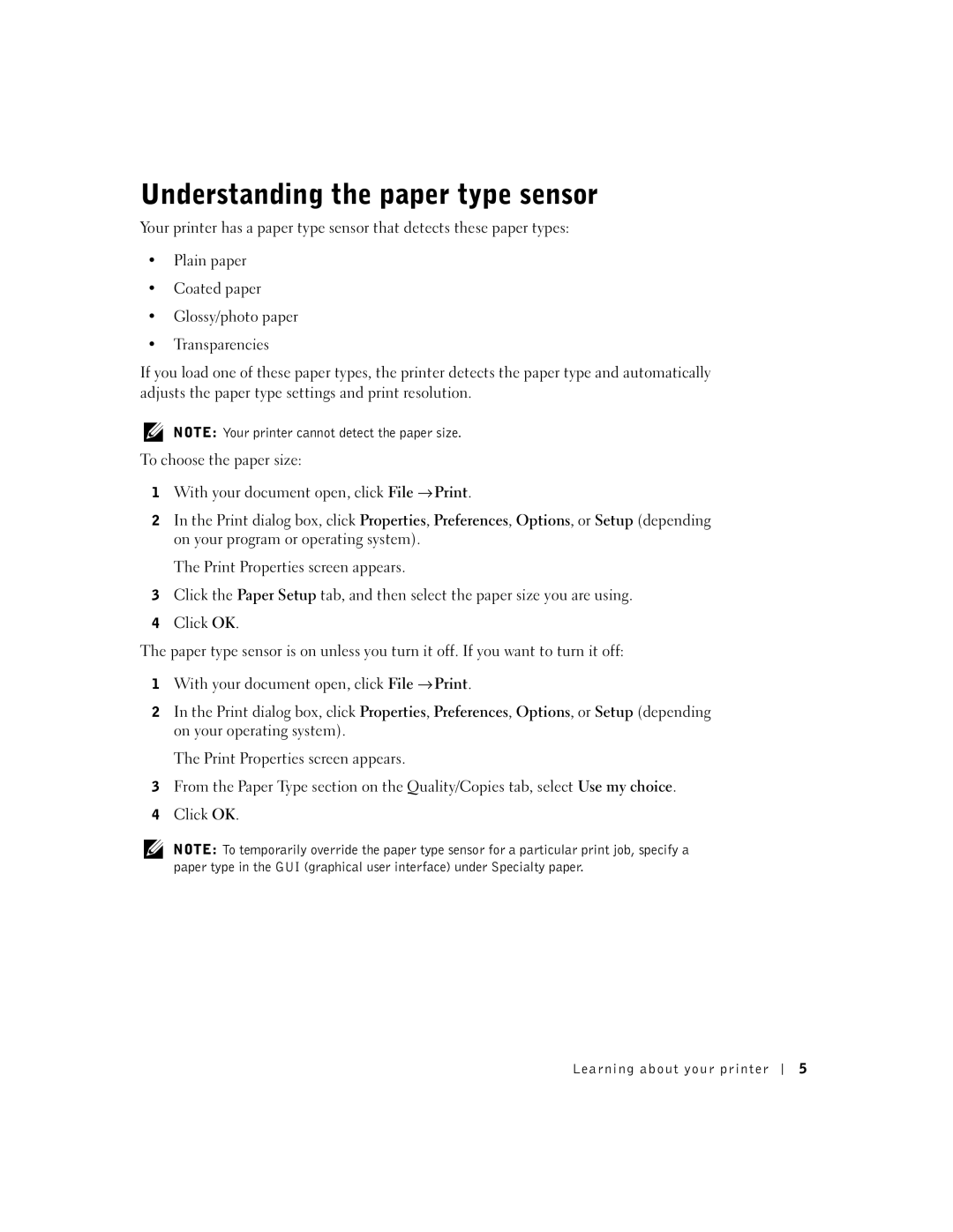 Dell J740 owner manual Understanding the paper type sensor 