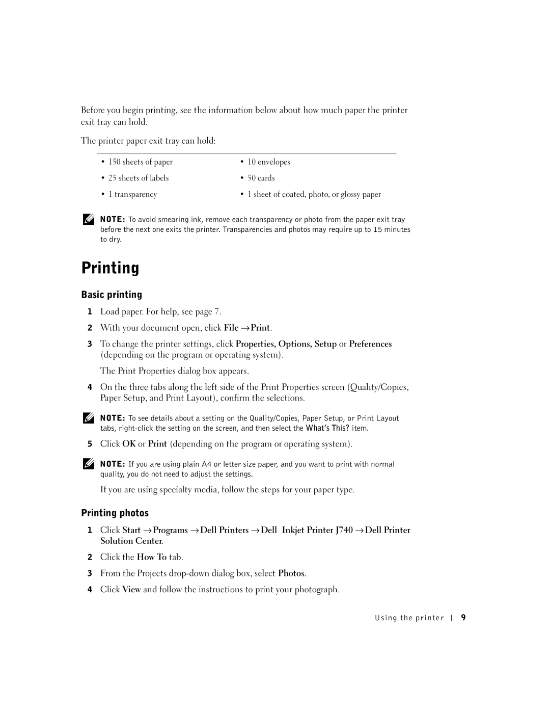 Dell J740 owner manual Basic printing, Printing photos 