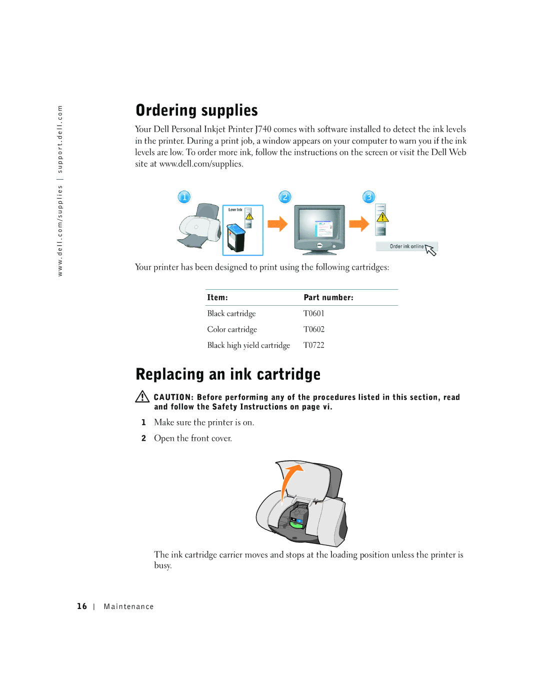 Dell J740 owner manual Ordering supplies, Replacing an ink cartridge 