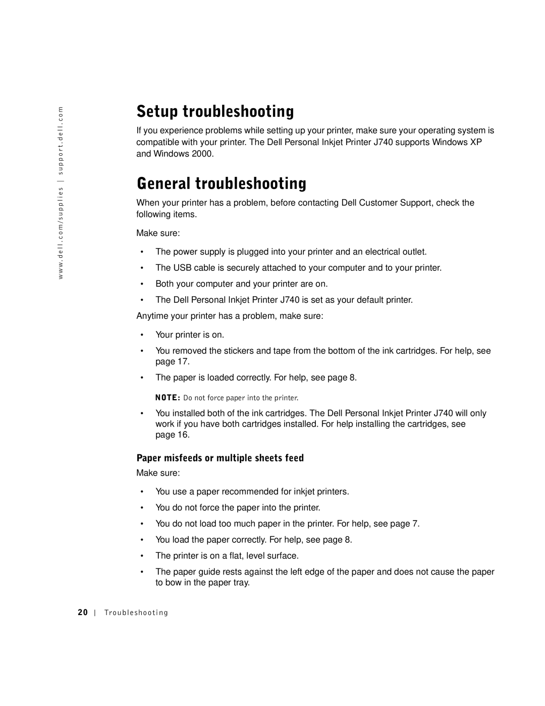 Dell J740 owner manual Setup troubleshooting, General troubleshooting, Paper misfeeds or multiple sheets feed 