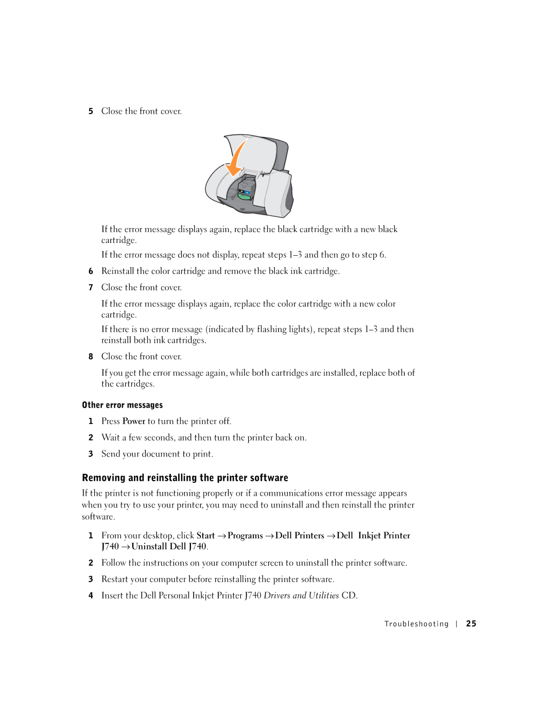 Dell J740 owner manual Removing and reinstalling the printer software, Other error messages 