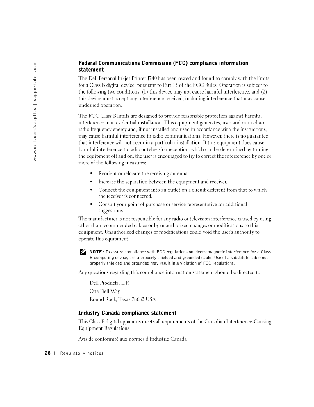 Dell J740 owner manual Industry Canada compliance statement 