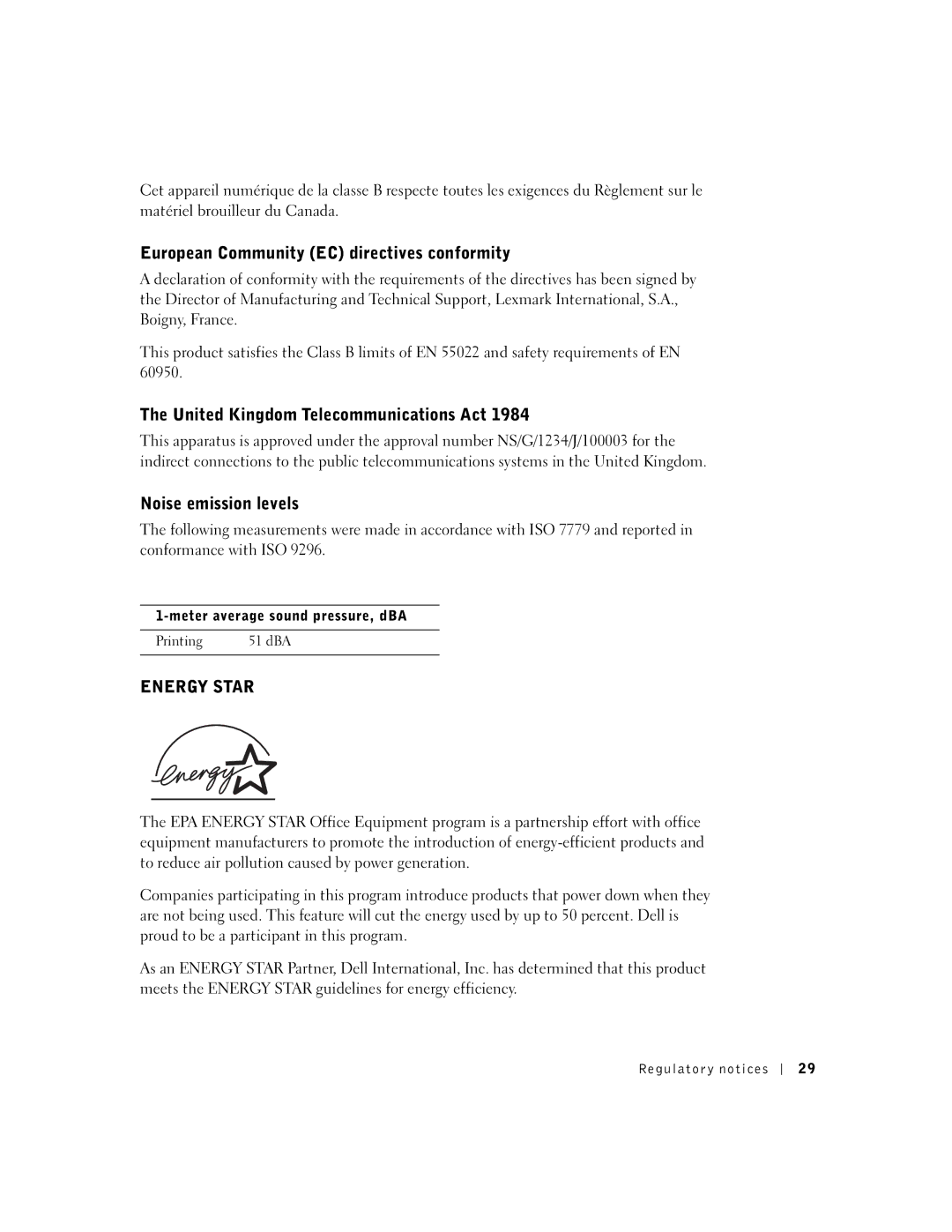 Dell J740 European Community EC directives conformity, United Kingdom Telecommunications Act, Noise emission levels 