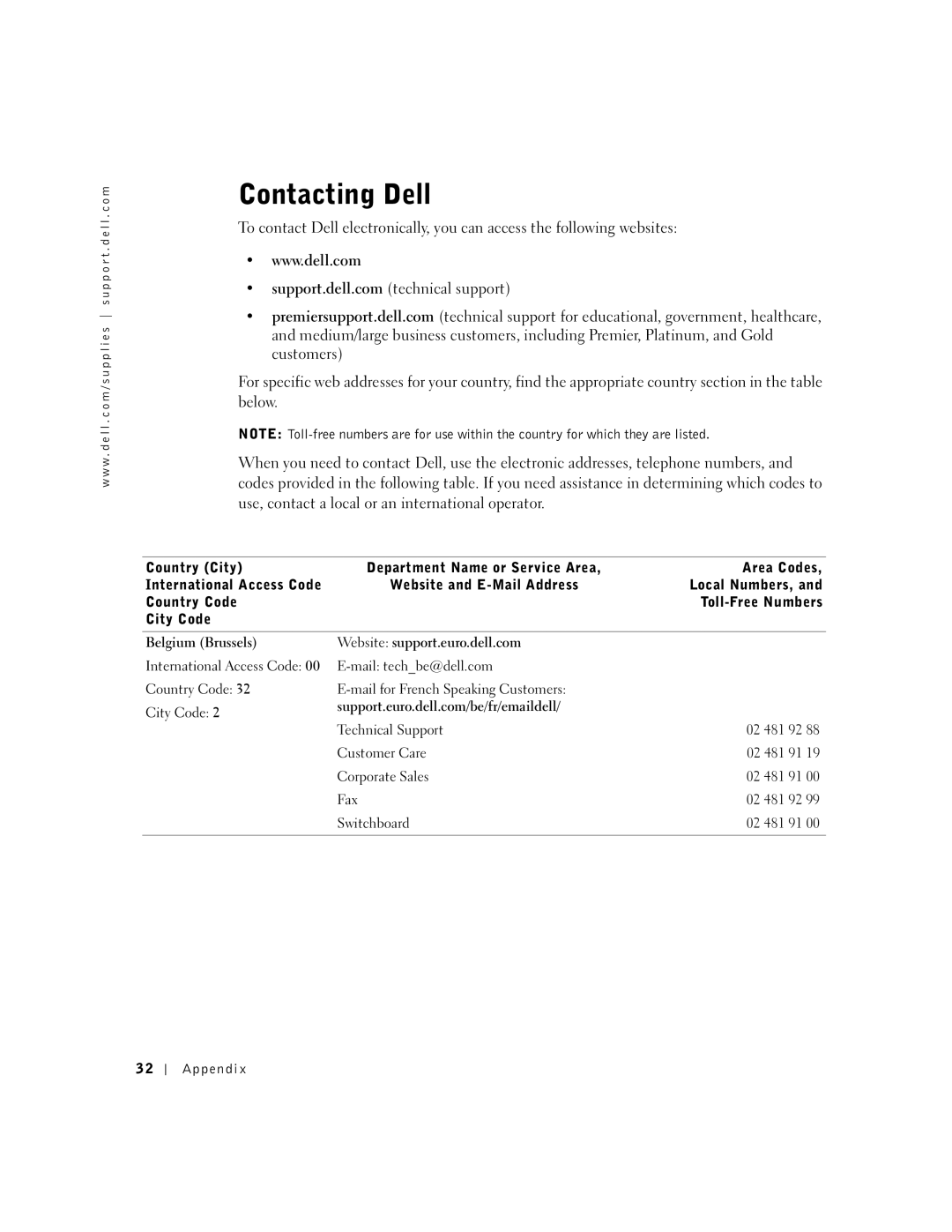 Dell J740 owner manual Contacting Dell, Belgium Brussels Website support.euro.dell.com 