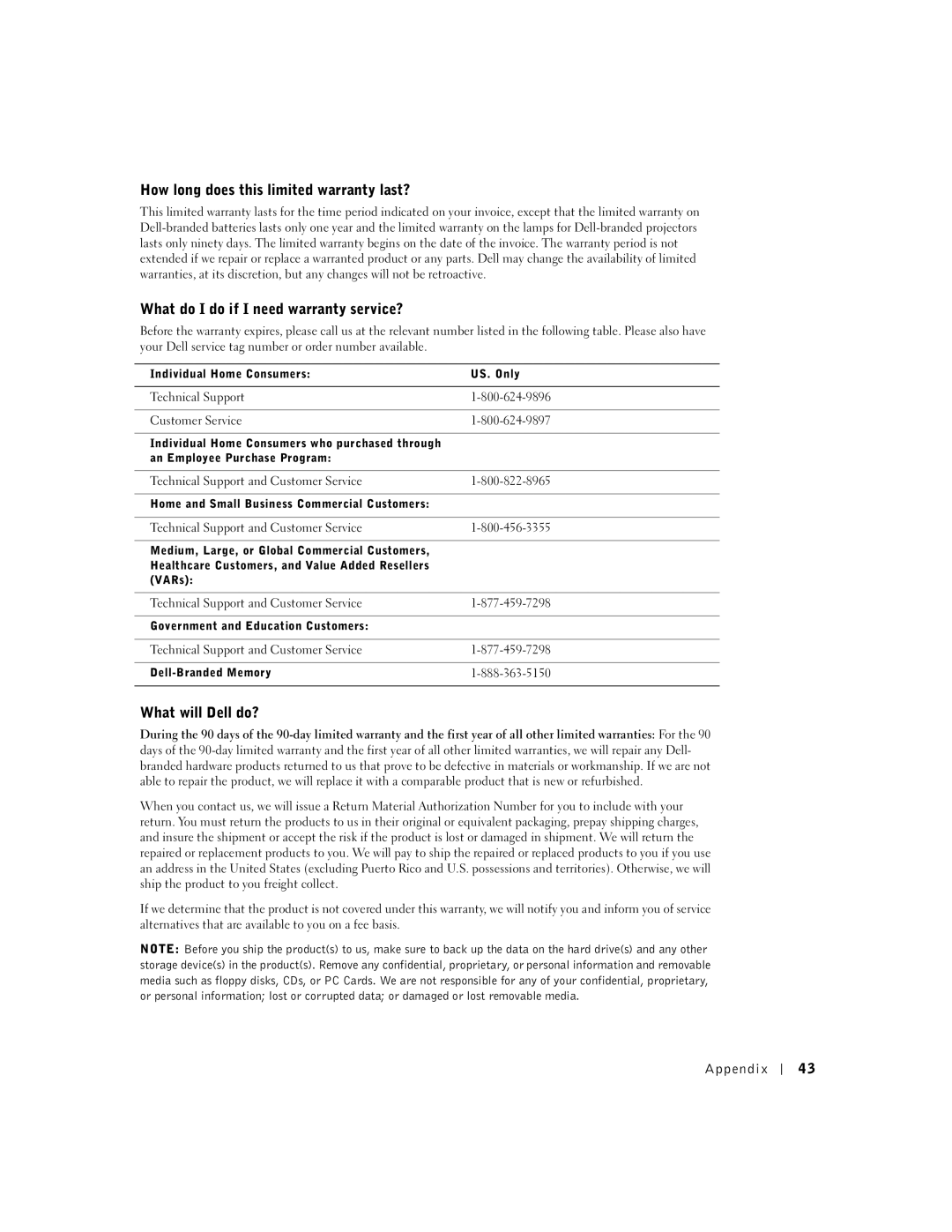 Dell J740 How long does this limited warranty last?, What do I do if I need warranty service?, What will Dell do? 