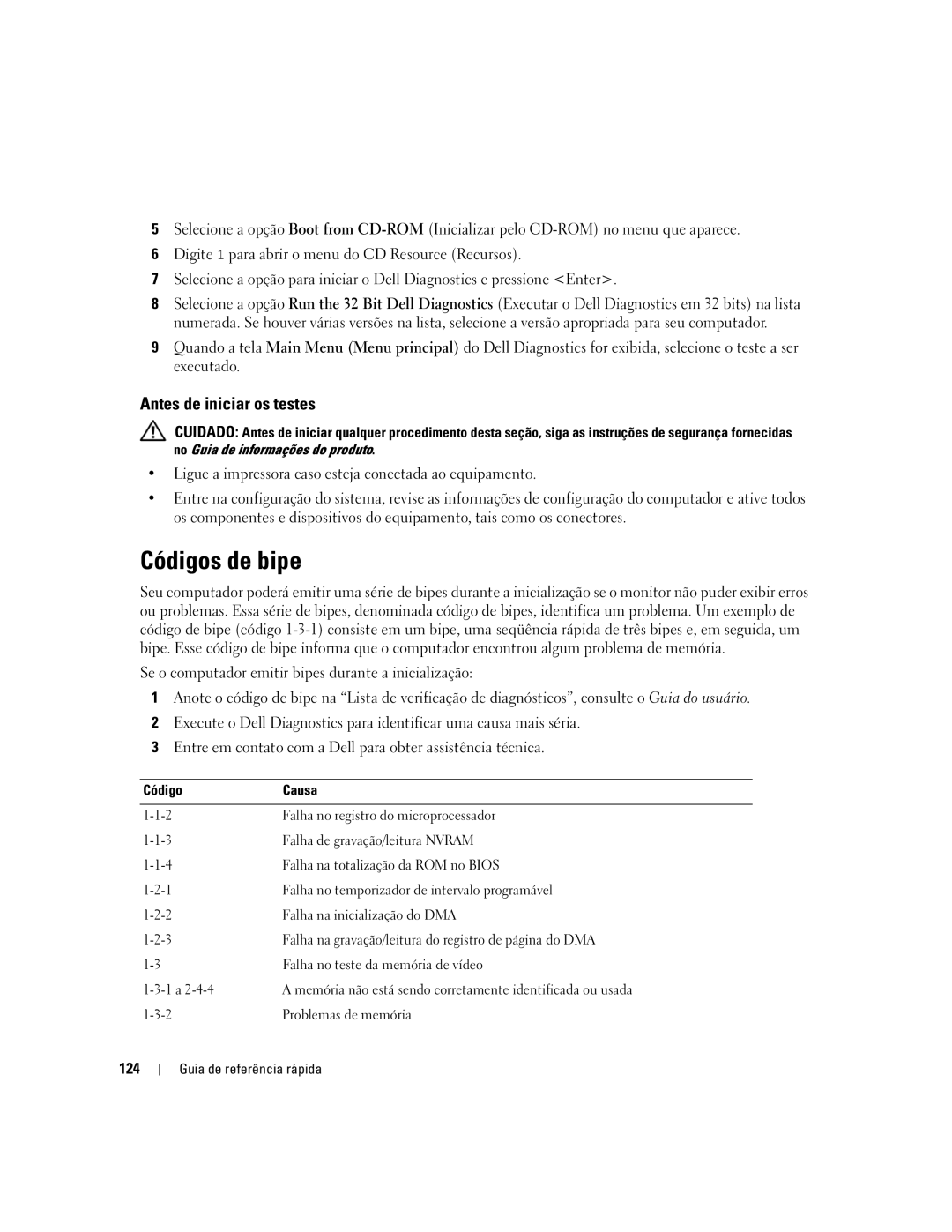 Dell JD963, DCD0 manual Códigos de bipe, Antes de iniciar os testes, 124 