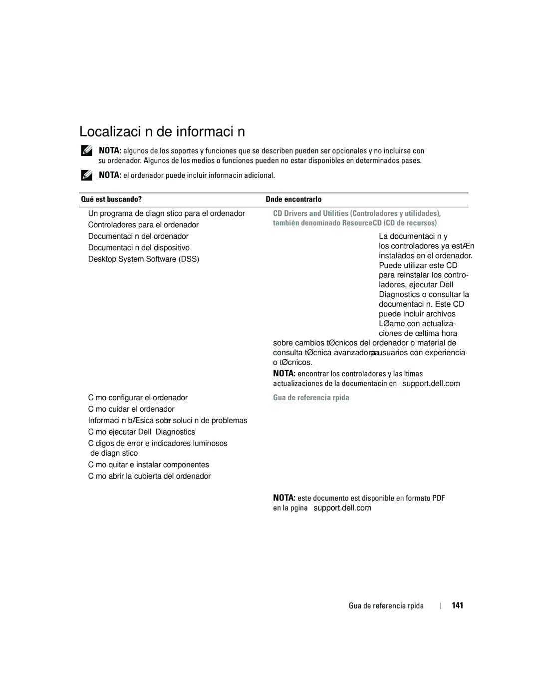 Dell DCD0 Localización de información, 141, CD Drivers and Utilities Controladores y utilidades, Guía de referencia rápida 