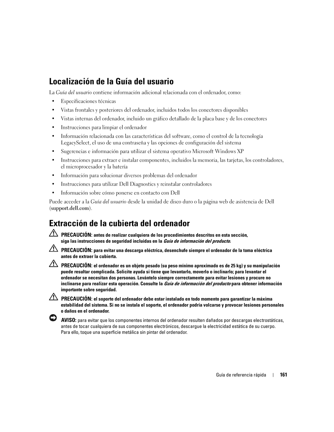 Dell DCD0, JD963 manual Localización de la Guía del usuario, Extracción de la cubierta del ordenador, 161 