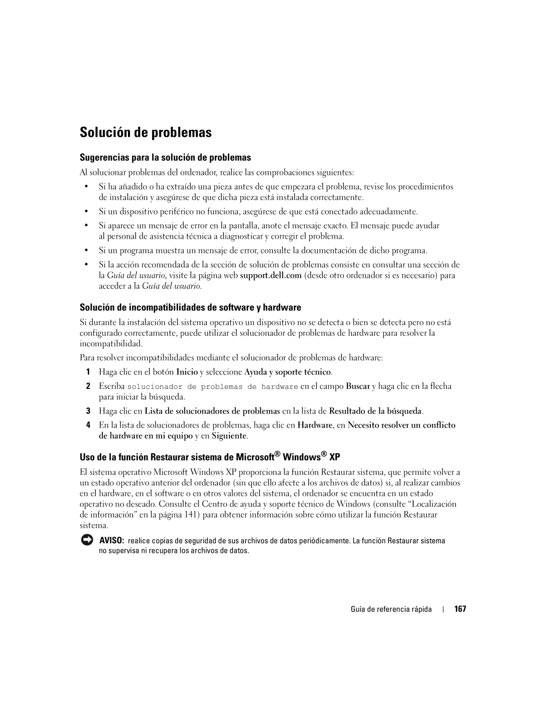 Dell DCD0, JD963 manual Solución de problemas, Sugerencias para la solución de problemas, 167 