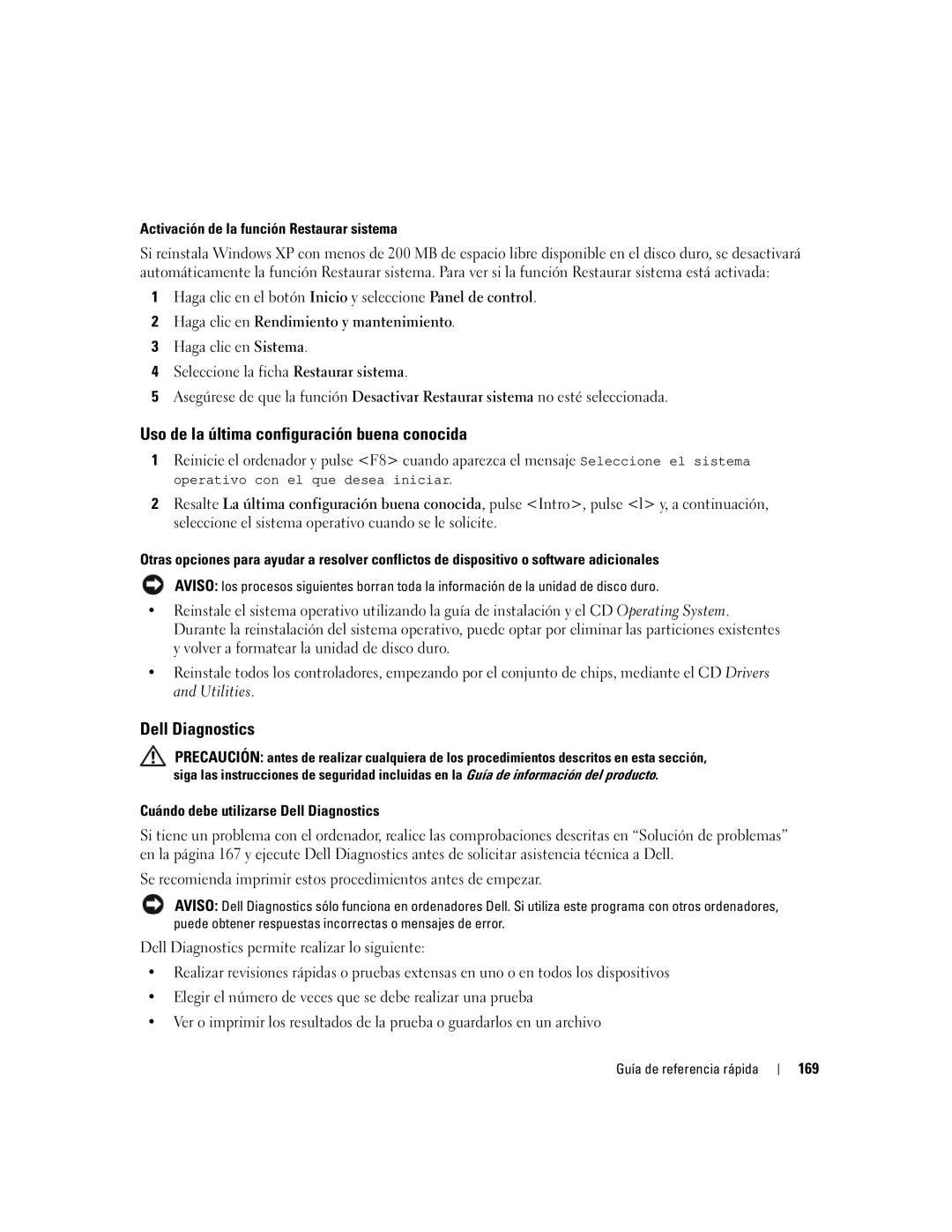 Dell DCD0, JD963 manual Uso de la última configuración buena conocida, Activación de la función Restaurar sistema, 169 