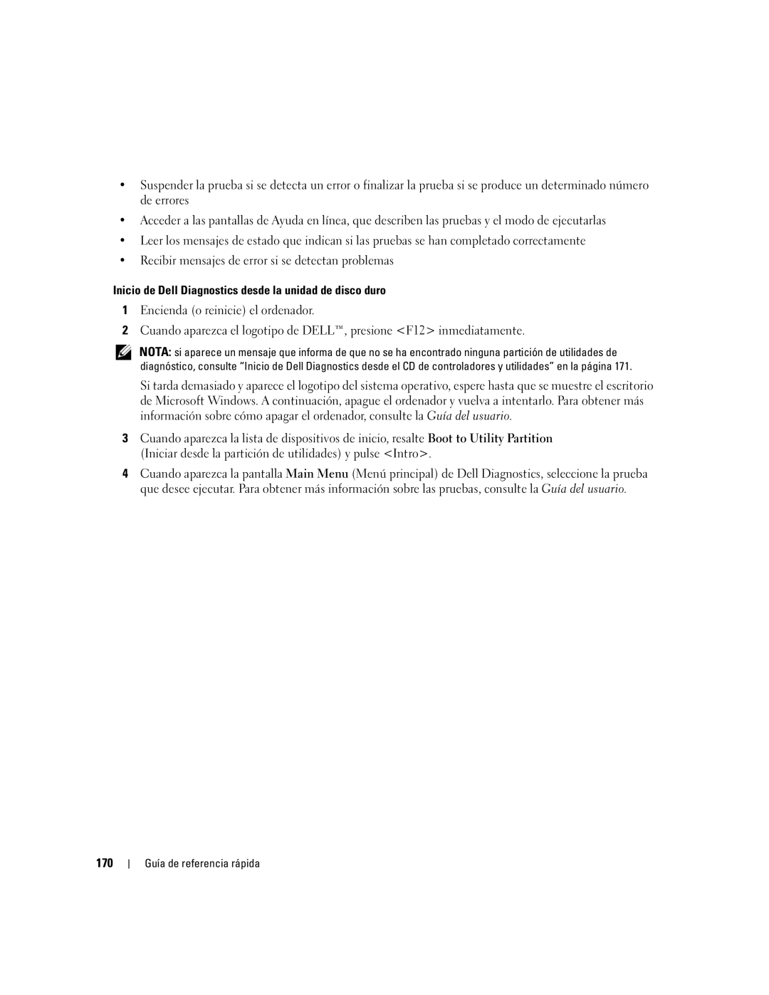 Dell JD963, DCD0 manual Inicio de Dell Diagnostics desde la unidad de disco duro, 170 