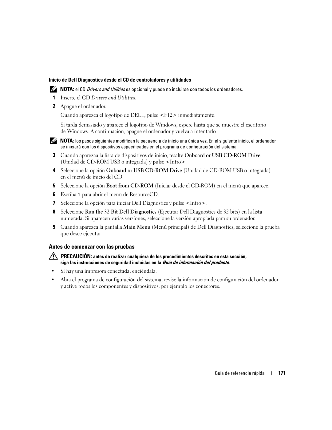 Dell DCD0, JD963 manual Antes de comenzar con las pruebas, 171 