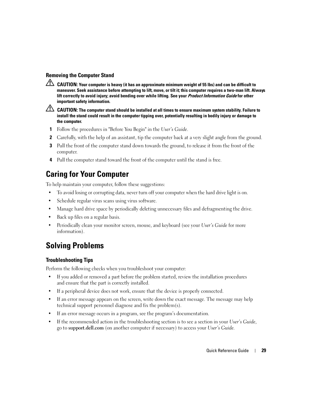 Dell JD964 manual Removing the Computer Stand, Troubleshooting Tips 